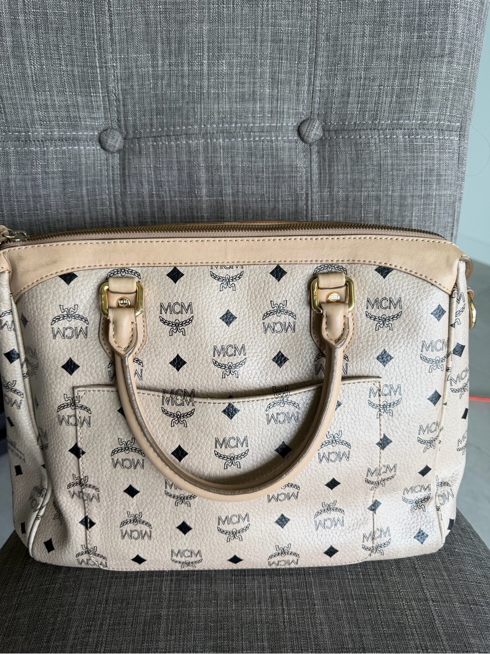 MCM Beige Satchel with Pink and Mint Center Stripe - Picture 4 of 15